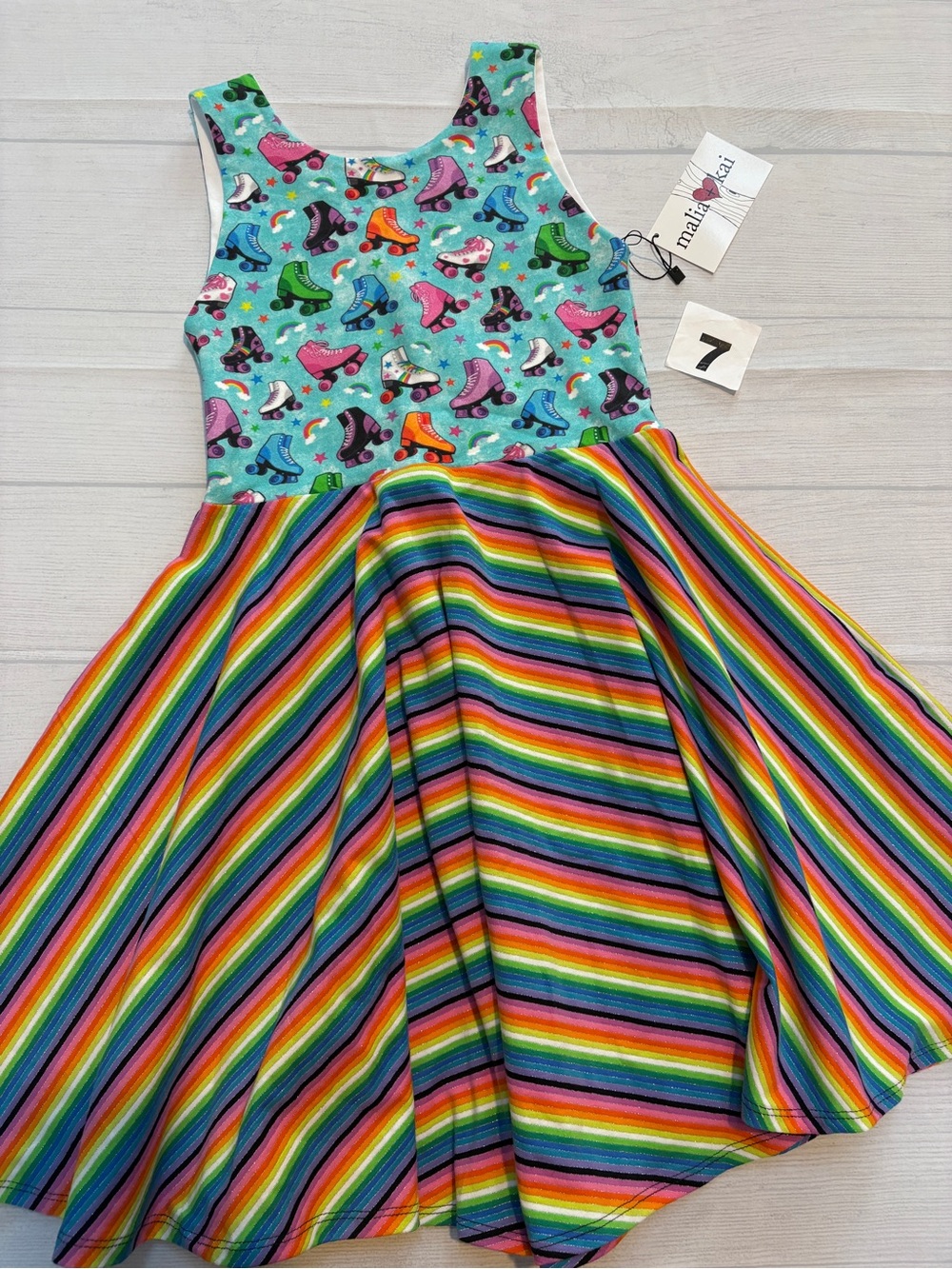 Malia and Kai Rainbow Stripe Twirl Dress with Roller Skate Motif